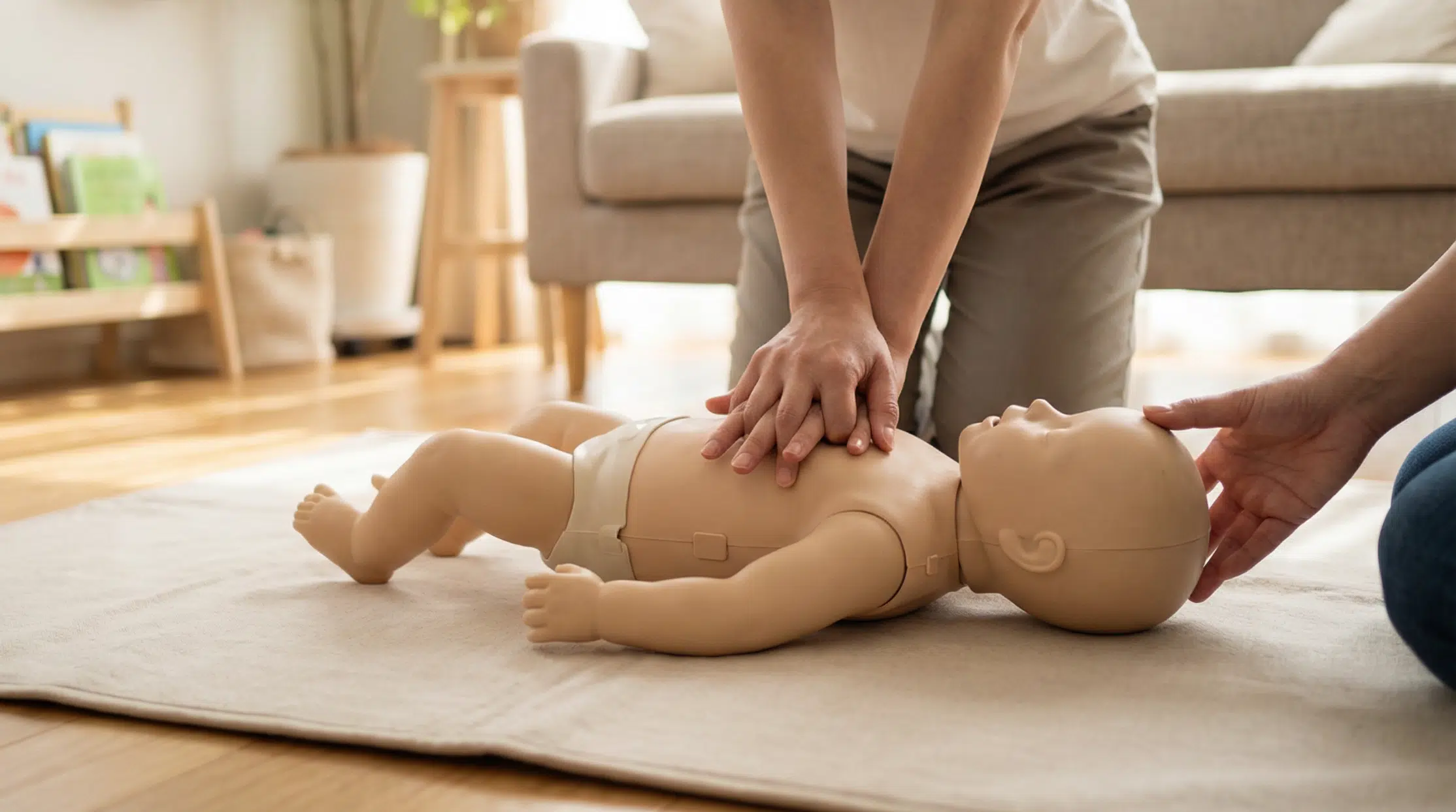 Trainingsszene mit einer Baby-Reanimationspuppe: Eine Person kniet auf dem Boden und führt Herzdruckmassage an der auf einer hellen Matte liegenden Säuglingspuppe durch, während eine zweite Person den Kopf der Puppe hält und stabilisiert. Im Hintergrund ein helles, wohnliches Zimmer mit Sofa, Zimmerpflanzen und einem Bücherregal mit Kinderbüchern.