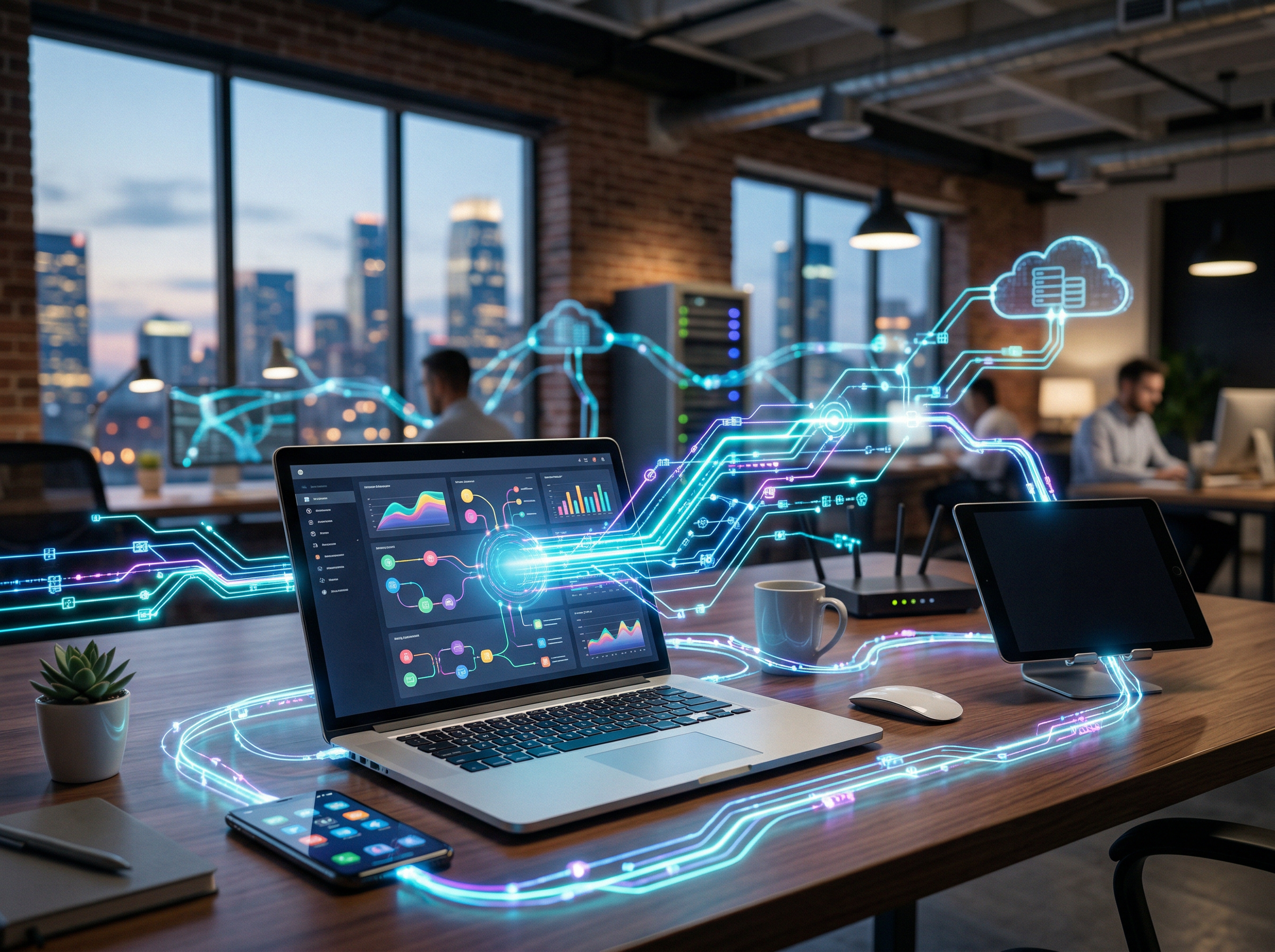 Futuristische Illustration eines Marketing-Automation-Setups: Auf einem Holzschreibtisch in einem modernen Büro mit Backsteinwand und Stadtpanorama bei Abenddämmerung stehen Laptop, Tablet und Smartphone. Aus dem Laptop-Bildschirm mit buntem Analytics-Dashboard strahlen leuchtende Neon-Datenlinien in Türkis und Lila, die alle Geräte miteinander und mit einer Cloud-Infrastruktur im Hintergrund verbinden. Im Hintergrund arbeiten zwei Personen an weiteren Workstations.