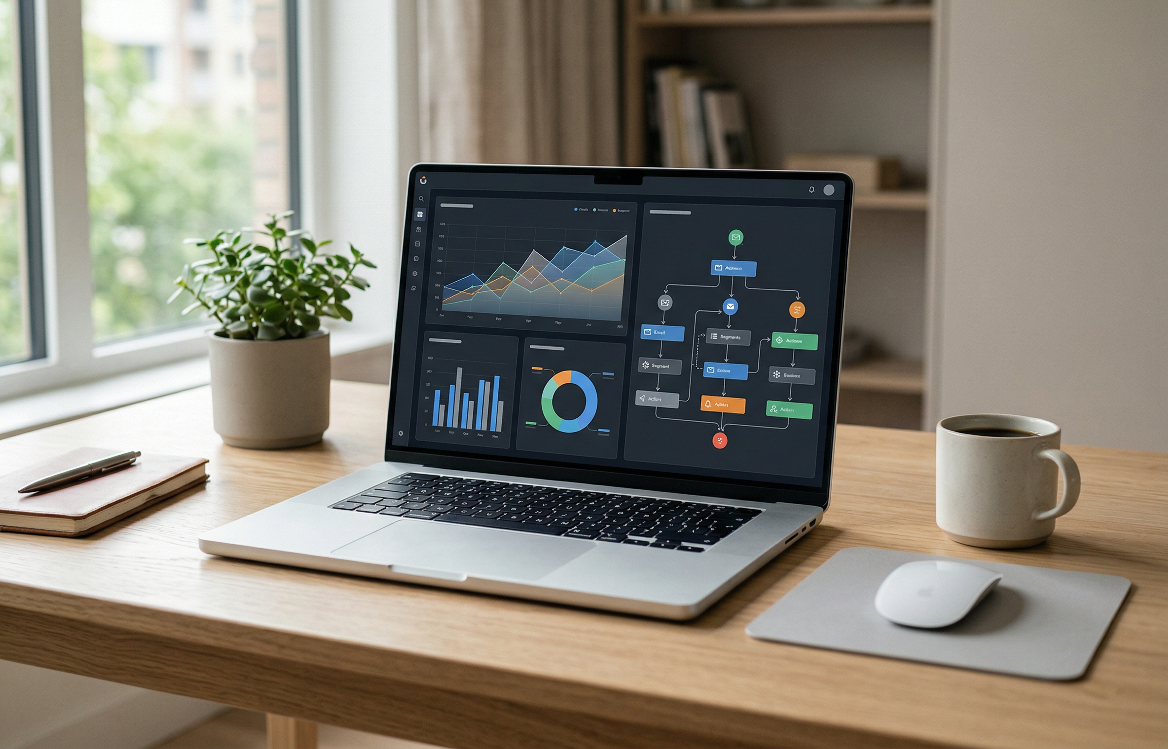 Ein aufgeklapptes MacBook auf einem hellen Holzschreibtisch zeigt ein dunkles Marketing-Software-Dashboard mit Liniendiagrammen, Balken- und Donut-Charts sowie einem farbigen Automatisierungs-Workflow-Diagramm. Daneben liegen eine Maus, ein Notizbuch mit Stift und eine Kaffeetasse. Im Hintergrund eine Zimmerpflanze, ein Bücherregal und ein Fenster mit Tageslicht.