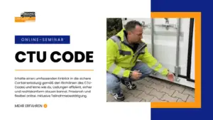 Werbebanner für ein Online-Seminar von „L.K.W. Schmid" in Blau, Orange und Weiß. Links das Firmenlogo, Titel „CTU Code", Beschreibungstext zur sicheren Containerladung gemäß CTU-Code sowie Button „Mehr erfahren". Rechts ein Foto eines Mannes in gelber Warnschutzjacke, der hockend die Verriegelung einer Containertür prüft.