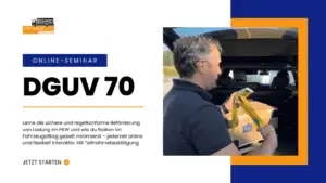 Werbebanner für ein Online-Seminar von „L.K.W. Schmid" in Blau, Orange und Weiß. Links das Firmenlogo, Titel „DGUV 70", Beschreibungstext zur sicheren Beförderung von Ladung im PKW sowie Button „Jetzt starten". Rechts ein Foto eines Mannes im schwarzen Poloshirt, der einen Karton mit gelbem Zurrgurt im geöffneten PKW-Kofferraum sichert.