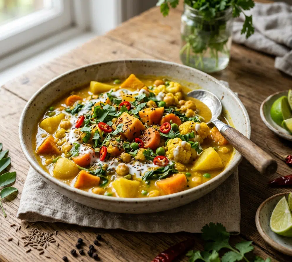 Eine rustikale Keramikschale mit goldfarbenem Gemüsecurry auf einem Holztisch, garniert mit frischem Koriander, roten Chilischeiben, Kichererbsen, Blumenkohl, Süßkartoffel, Erbsen und einem Klecks Joghurt. Drumherum getrocknete Chilischoten, Limettenspalten, Curryblätter und Gewürze auf einem Leinentuch.