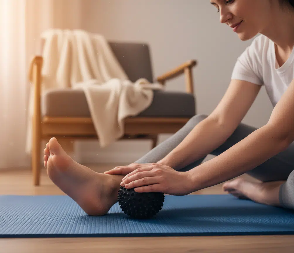 Eine Frau in weißem T-Shirt und grauen Leggings sitzt auf einer blauen Yogamatte und massiert ihren Fuß mit einem dunklen Igelball. Im Hintergrund ein heller, warmer Raum mit einem Holzsessel und einer darüber drapierten Wolldecke.