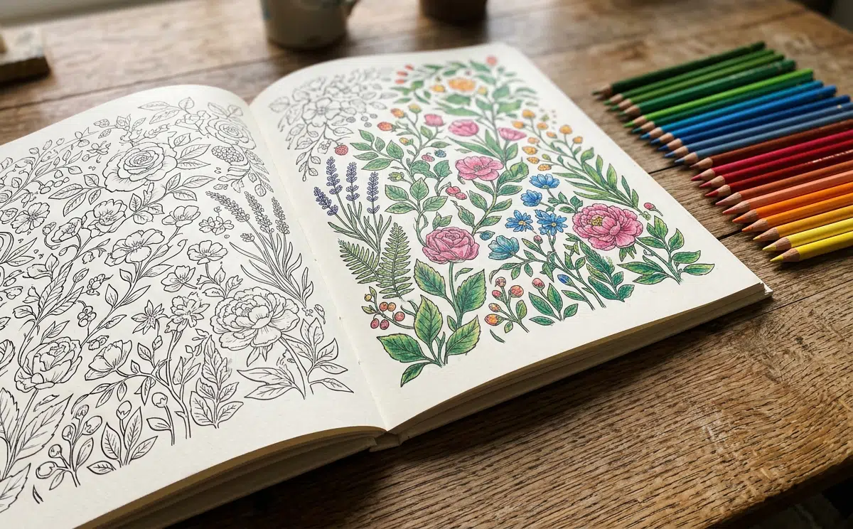 Ein aufgeschlagenes Ausmalbuch mit botanischen Blumenmotiven auf einem Holztisch – die linke Seite noch unkoloriert in Schwarz-Weiß, die rechte bereits bunt ausgemalt mit Rosen, Farn, Lavendel und blauen Blüten. Daneben eine Reihe aufgefächerter Buntstifte in allen Regenbogenfarben. Im Hintergrund ein Stiftebecher und Zimmerpflanzen am Fenster.