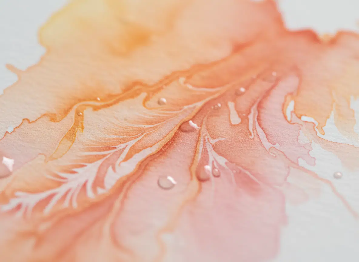 Nahaufnahme von nasser Aquarellfarbe, die in Gelb-, Orange- und Rosatönen frei auf weißem Papier verläuft. Feine verzweigte Strukturen entstehen durch das Ineinanderfließen der Farben, sichtbare Wassertropfen liegen noch auf der Oberfläche.