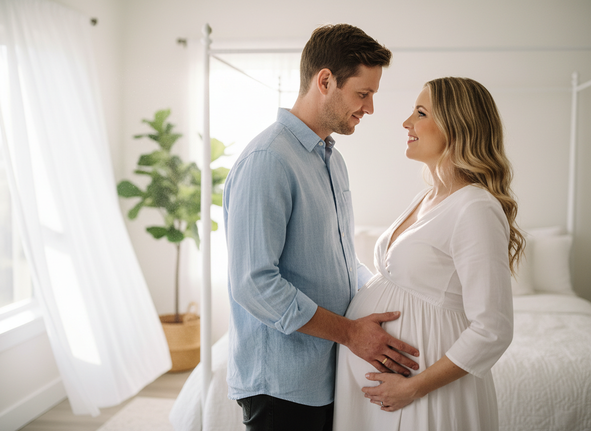 Ein Mann im hellblauen Leinenhemd legt beide Hände sanft auf den Babybauch seiner schwangeren Partnerin im weißen Umstandskleid. Beide lächeln sich zärtlich an. Im Hintergrund ein helles, minimalistisches Schlafzimmer mit weißen Vorhängen und einer Zimmerpflanze.