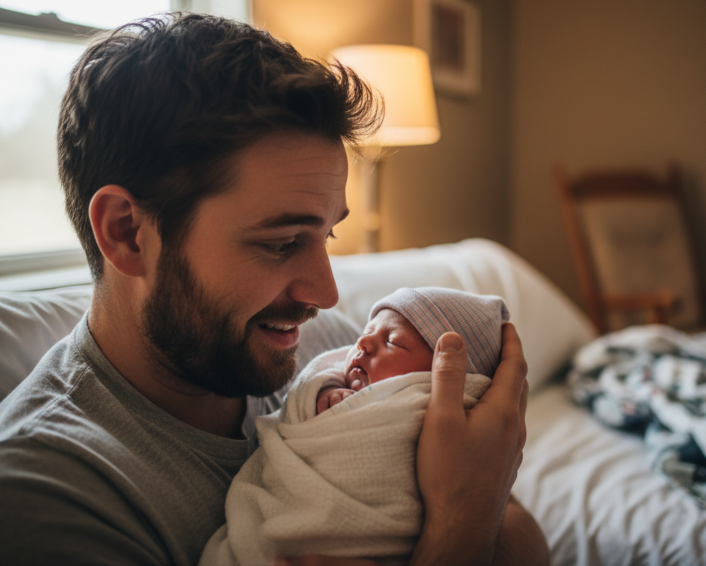 Ein junger Vater mit Bart hält sein schlafendes Neugeborenes mit Mützchen eng an sich und lächelt es voller Staunen an. Im Hintergrund ein warmes, gedämpftes Schlafzimmer mit Bett und Nachttischlampe.