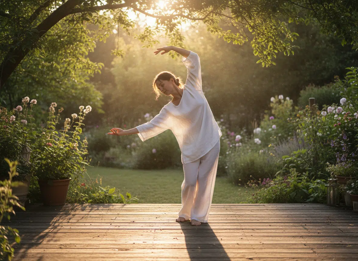 Eine Frau in weißem Leinenoutfit führt eine fließende Qigong-Bewegung auf einer Holzterrasse aus – einen Arm elegant nach oben gestreckt, den anderen nach unten. Im Hintergrund ein üppiger Blumengarten im warmen Gegenlicht der Morgensonne.
