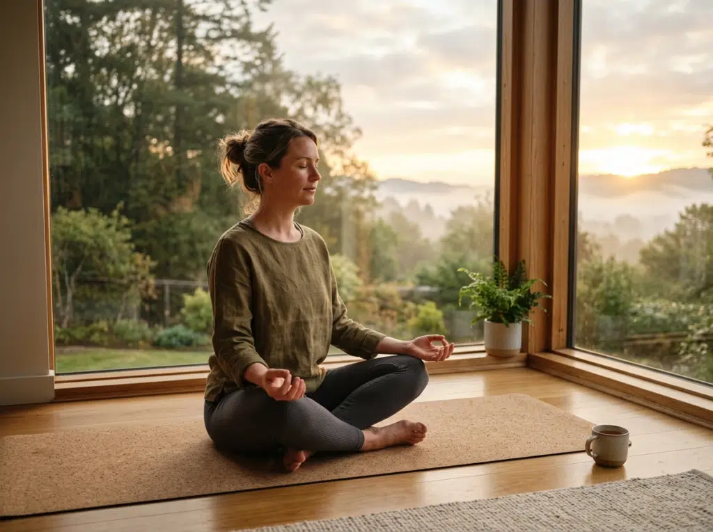 Eine Frau in olivgrünem Leinenoberteil und grauen Leggings meditiert im Schneidersitz auf einer Korkmatte vor einer großen Panoramafensterfront. Die Hände liegen in Chin-Mudra-Haltung auf den Knien. Neben ihr eine Keramiktasse. Im Hintergrund ein stimmungsvoller Sonnenaufgang über nebligen Hügeln und einem Garten.
