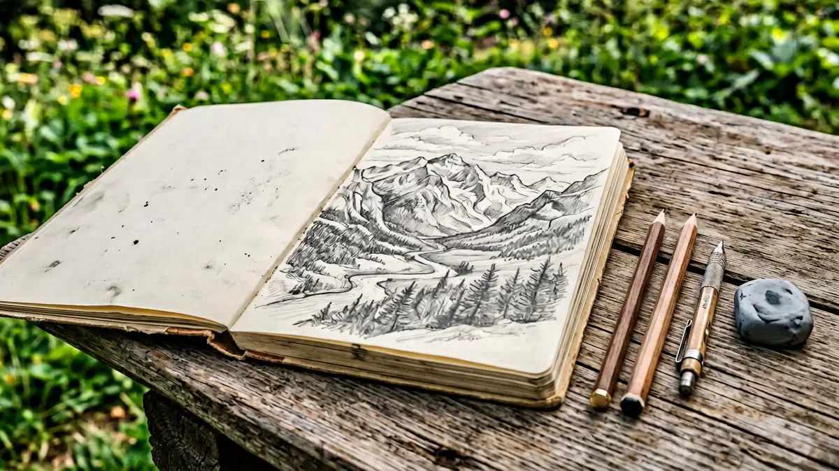 Ein aufgeschlagenes, verwittertes Skizzenbuch auf einem rustikalen Holztisch im Freien zeigt eine detaillierte Bleistiftzeichnung einer Berglandschaft mit Tannen und Fluss. Daneben zwei Bleistifte, ein Druckbleistift und ein Knetgummi. Im Hintergrund eine üppig grüne Berglandschaft, die dem gezeichneten Motiv ähnelt.