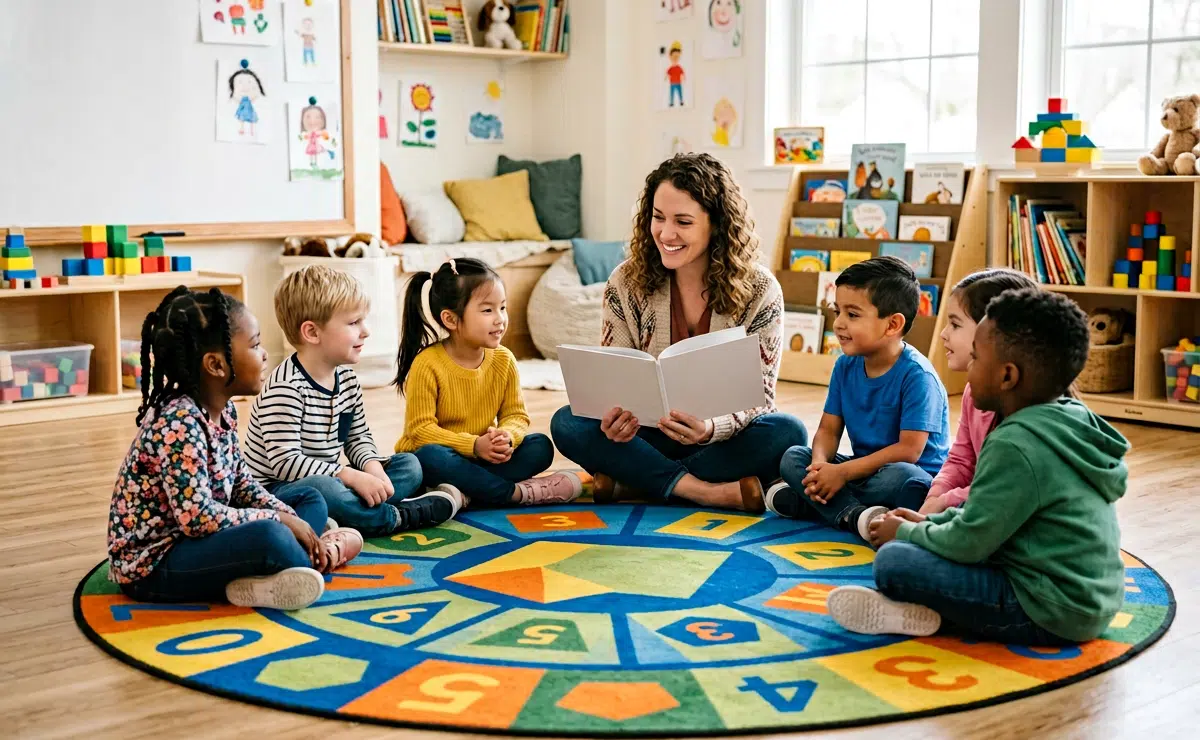 Eine lächelnde Erzieherin mit lockigem Haar sitzt mit sechs Kindern verschiedener Herkunft im Kreis auf einem bunten Zahlen-Teppich und liest ihnen aus einem Buch vor. Im Hintergrund ein heller Kindergartenraum mit Kinderzeichnungen, Bücherregalen und Spielzeug.