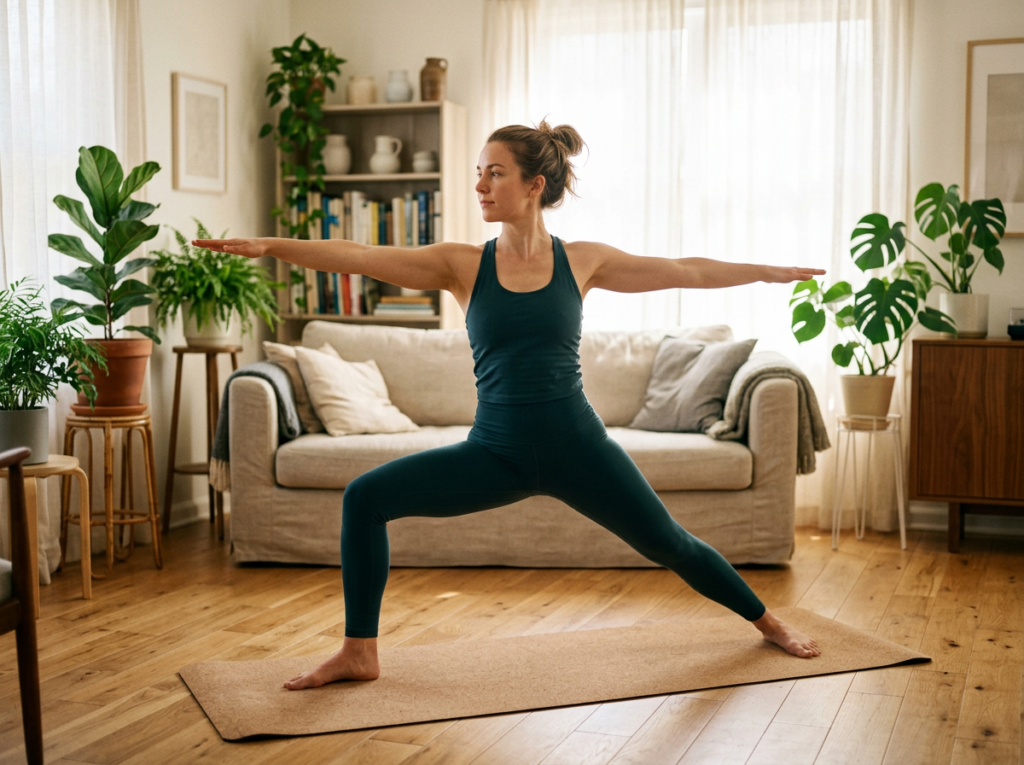Eine junge Frau in petrolblauem Sport-Outfit führt die Yoga-Pose „Krieger II" (Virabhadrasana II) auf einer Kork-Yogamatte aus. Sie steht mit weit auseinander gespreizten Beinen, ausgestreckten Armen und blickt konzentriert nach vorne. Im Hintergrund ein helles Wohnzimmer mit hellem Holzboden, beigem Sofa, Bücherregal und mehreren Zimmerpflanzen bei natürlichem Tageslicht.