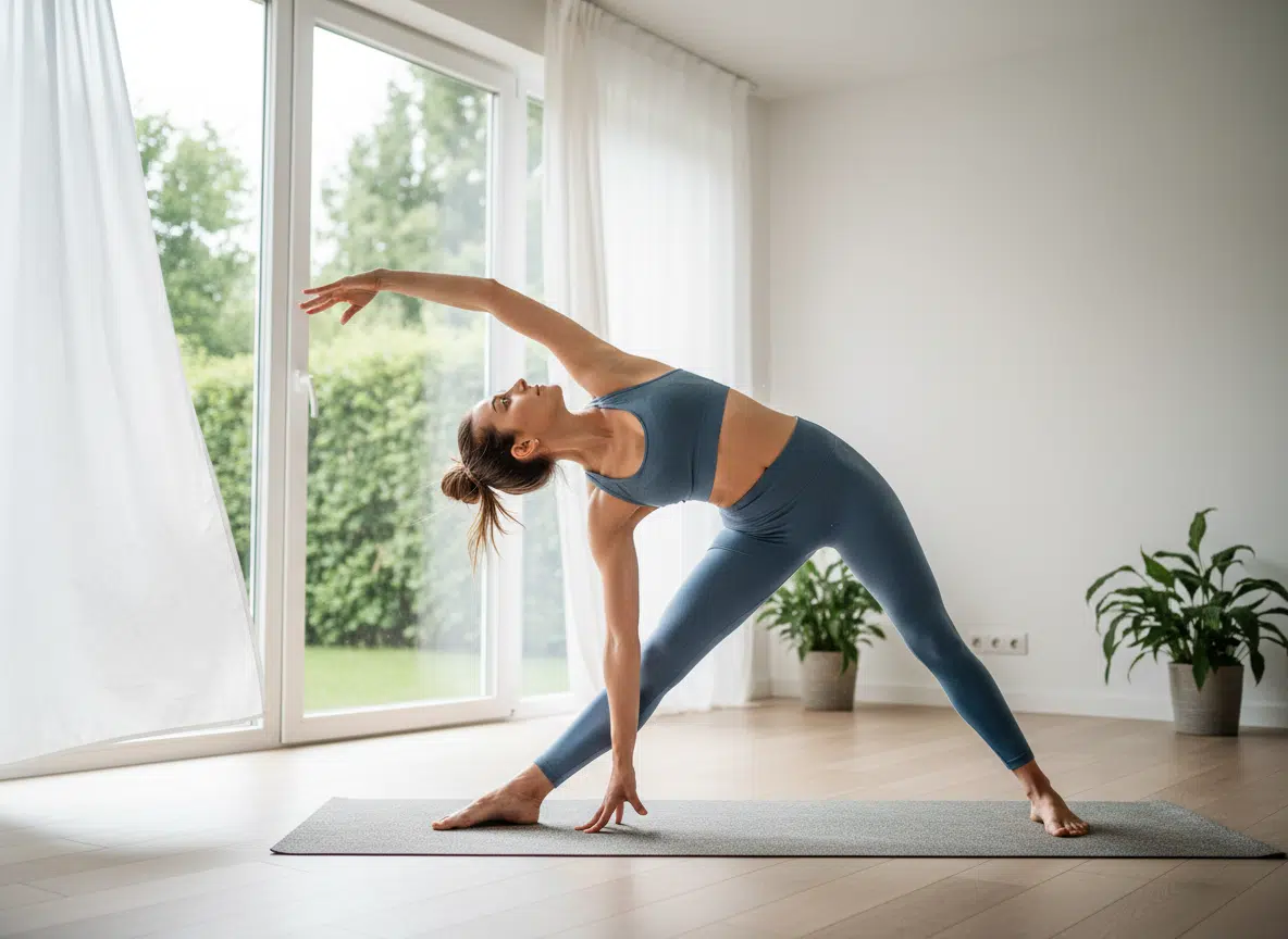 Eine Frau in stahlblauem Sport-BH und Leggings führt die Yoga-Dreieckspose auf einer grauen Matte aus – Beine gegrätscht, eine Hand am Boden, der andere Arm diagonal nach oben gestreckt, Blick nach oben. Im Hintergrund ein heller Raum mit großer Terrassentür, weißen Vorhängen und Zimmerpflanzen.