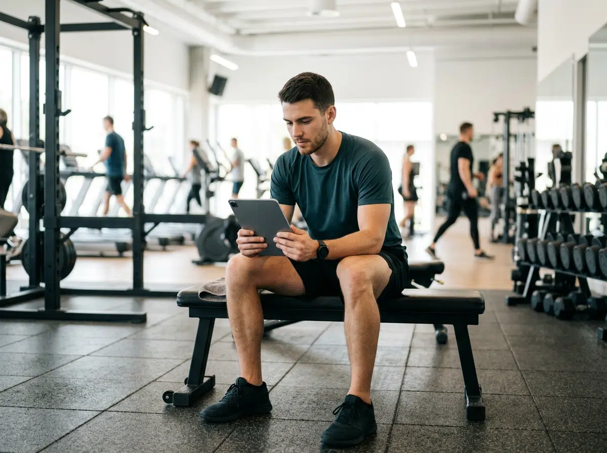Ein junger Mann in dunklem Sportshirt und Shorts sitzt auf einer Trainingsbank und schaut konzentriert auf ein Tablet. Im Hintergrund ein helles, belebtes Fitnessstudio mit Laufbändern, Kurzhantelregal und mehreren Trainierenden.