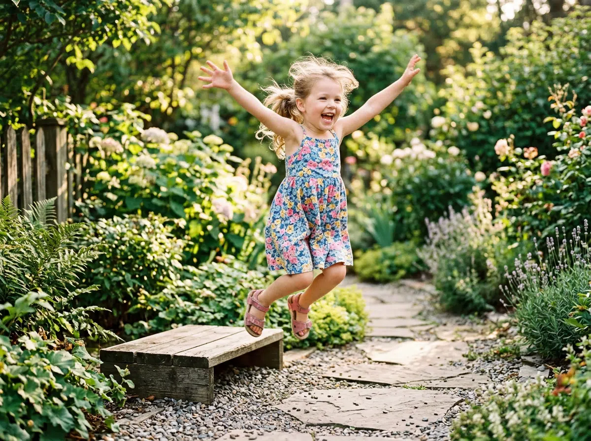 Ein kleines Mädchen im bunten Blumenkleid springt strahlend und mit weit ausgebreiteten Armen von einer kleinen Holzstufe in einem üppigen Sommergarten mit Steinweg, Rosen, Lavendel und Farnpflanzen im warmen Abendlicht.