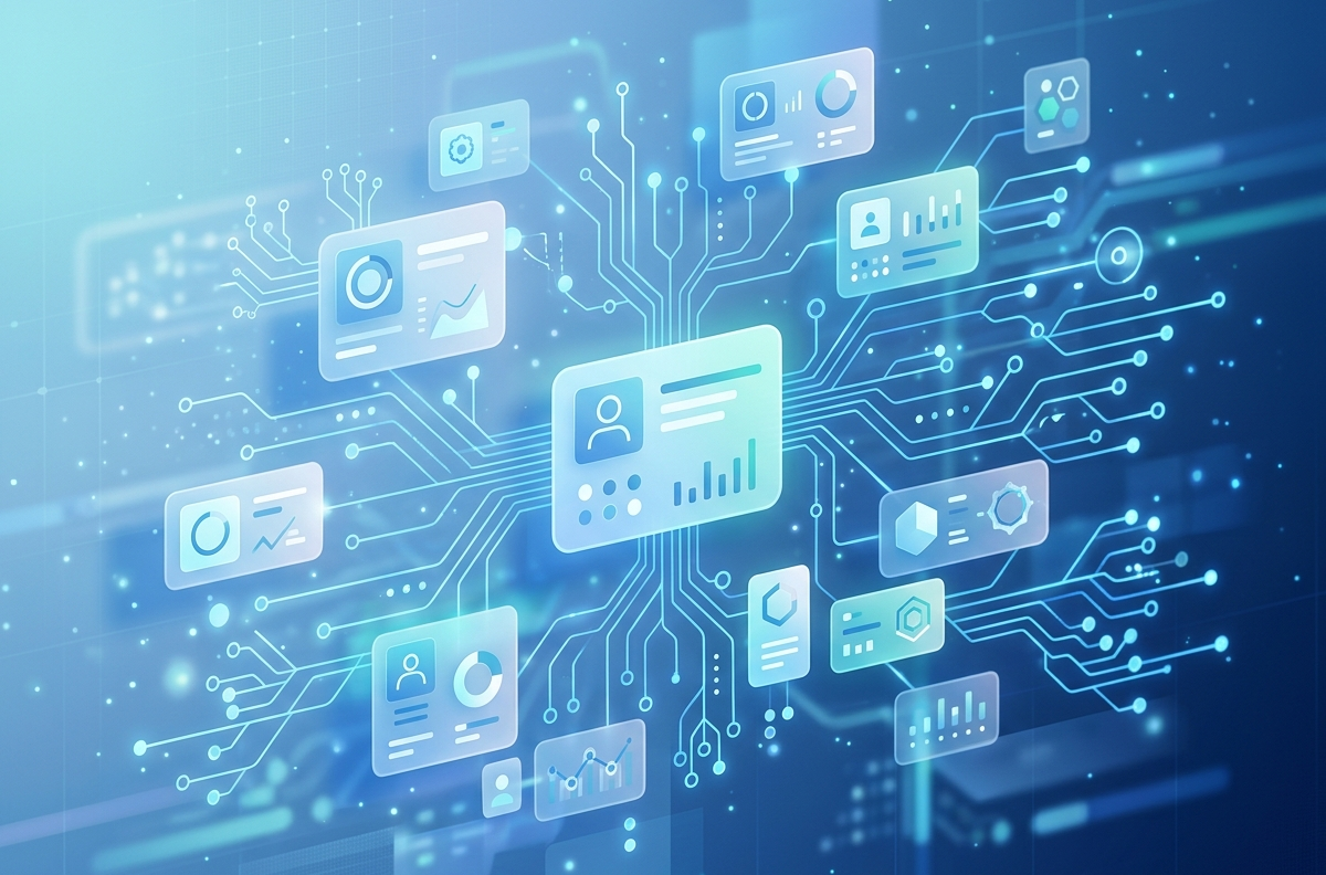 Abstrakte digitale Illustration in Blau- und Türkistönen: Mehrere halbtransparente Karten mit Icons für Nutzerprofil, Diagramme, Einstellungen und Datenanalyse schweben in einem digitalen Raum und sind über leuchtende Leiterbahn-Linien miteinander verbunden. Im Zentrum eine größere Profilkarte. Das Bild symbolisiert vernetzte Daten, digitale Infrastruktur oder CRM-Systeme.