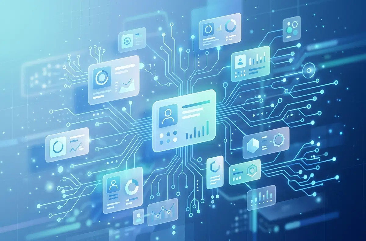 Abstrakte digitale Illustration in Blau- und Türkistönen: Mehrere halbtransparente Karten mit Icons für Nutzerprofil, Diagramme, Einstellungen und Datenanalyse schweben in einem digitalen Raum und sind über leuchtende Leiterbahn-Linien miteinander verbunden. Im Zentrum eine größere Profilkarte. Das Bild symbolisiert vernetzte Daten, digitale Infrastruktur oder CRM-Systeme.