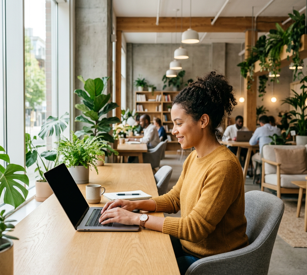 Eine lächelnde junge Frau mit lockigem Haar und gelbem Strickpullover arbeitet konzentriert an einem Laptop an einem Holztisch in einem modernen, pflanzenreichen Co-Working-Space. Neben ihr eine Keramiktasse und ein Notizbuch. Im Hintergrund weitere arbeitende Personen, Bücherregale, hängende Zimmerpflanzen und große Fenster mit Stadtblick.