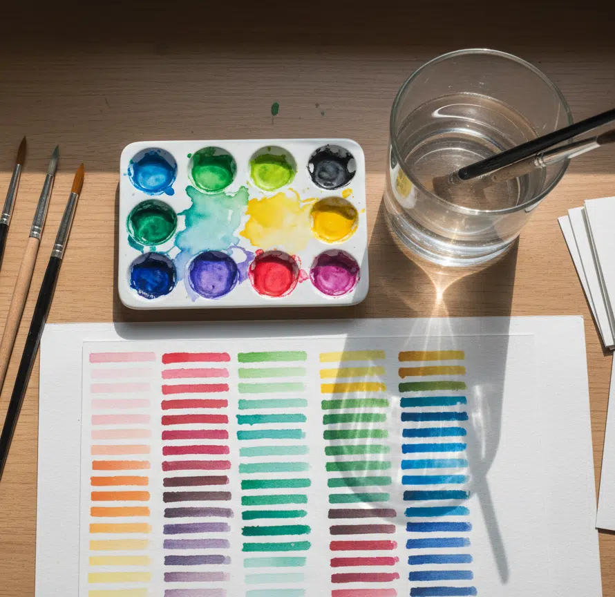 Draufsicht auf einen Holztisch mit einem Aquarell-Arbeitsplatz: eine Palette mit zwölf befüllten Farbnapfes in Regenbogenfarben, vier Pinsel verschiedener Größen, Aquarelltuben, ein Wasserglas mit Pinseln sowie ein Farbmusterbogen mit horizontalen Streifen in abgestuften Farbtönen. Daneben gestapelte weiße Aquarellpapierkärtchen.