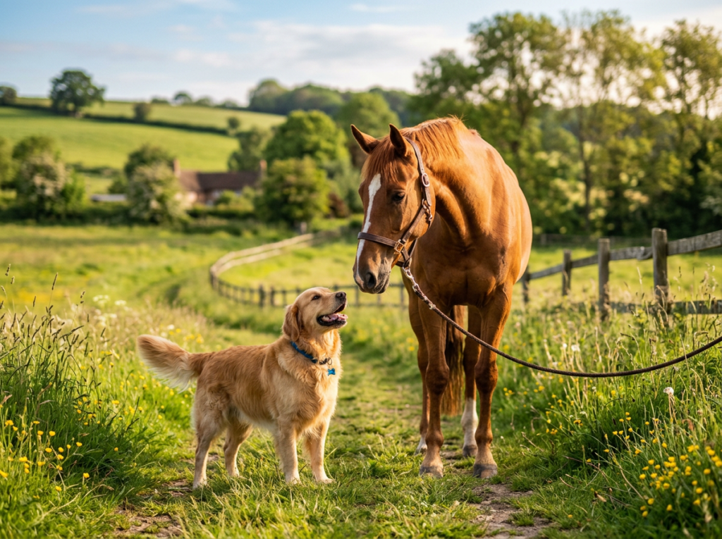 Ein golden-farbener Golden Retriever mit blauem Halsband steht auf einem Grasweg und schaut zu einem großen Chesnut-farbenen Pferd mit weißer Blesse und braunem Halfter auf. Das Pferd beugt seinen Kopf leicht in Richtung des Hundes. Im Hintergrund sind grüne Hügellandschaft, gelbe Wiesenblumen, ein Holzzaun und ein Bauernhaus unter einem leicht bewölkten Himmel zu sehen.