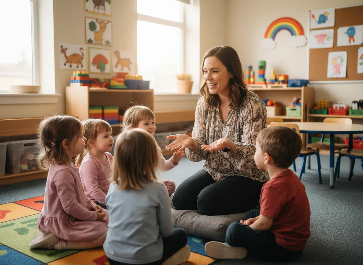 Eine lächelnde Erzieherin im gemusterten Bluse sitzt auf dem Boden eines bunten Kindergartenzimmers und spricht mit gestikulierenden Händen zu vier kleinen Kindern, die ihr aufmerksam zuhören. Im Hintergrund bunte Kindermöbel, Spielzeug, Kinderzeichnungen und ein gemaltes Regenbogenbild an der Wand.