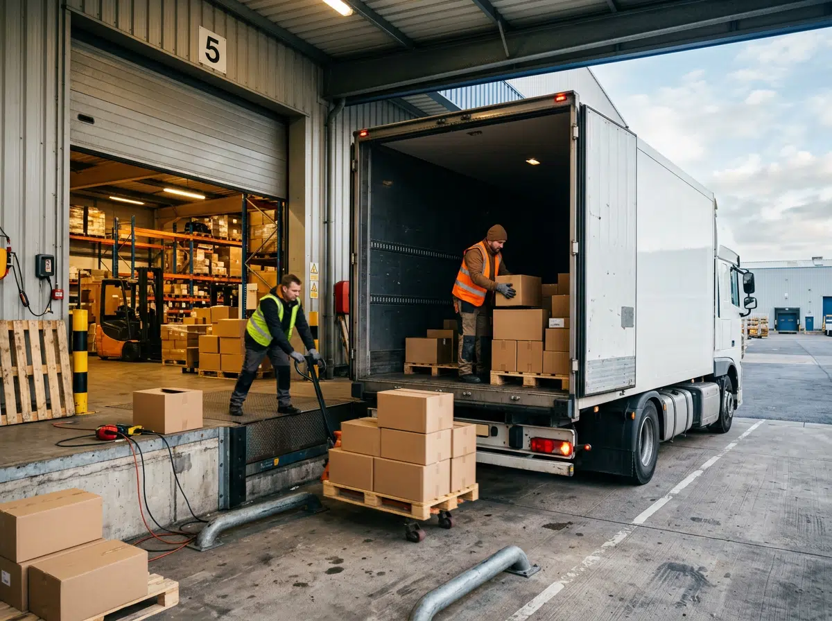 Zwei Lagerarbeiter in Warnwesten beladen an Laderampe Nr. 5 einen weißen LKW mit Kartons – einer schiebt eine Palette mit Hubwagen, der andere stapelt Pakete im Laderaum. Im Hintergrund ein beleuchtetes Lagerhaus mit Regalen und Gabelstapler.