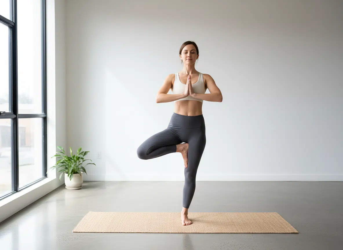 Eine Frau in cremefarbenem Sport-BH und grauen Leggings steht mit geschlossenen Augen in der Yoga-Pose „Baum" auf einer beigen Matte – ein Fuß an das Standbein angelegt, Hände in Gebetshaltung vor der Brust. Im Hintergrund ein minimalistischer heller Raum mit großem Stahlfenster und einer Zimmerpflanze.