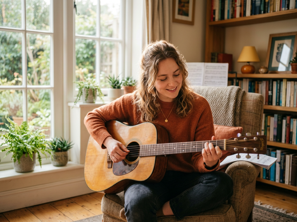 Eine junge Frau mit lockigem, hellbraunem Haar und rostrotem Strickpullover sitzt lächelnd in einem Sessel und spielt eine akustische Westerngitarre. Vor ihr liegt ein Notenblatt. Im Hintergrund ein gemütliches Zimmer mit großem Sprossenfenster, Zimmerpflanzen auf der Fensterbank, einem vollbesetzten Bücherregal und warmem Tageslicht.