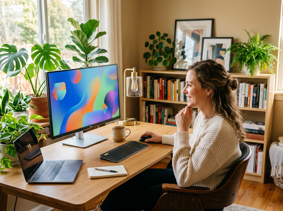 Eine lächelnde junge Frau mit hochgestecktem braunem Haar und cremefarbenem Strickpullover sitzt an einem Holzschreibtisch in einem hellen Home-Office und schaut auf einen großen Monitor mit buntem abstrakten Hintergrundbild. Auf dem Schreibtisch befinden sich ein Laptop, eine Tastatur, eine Keramiktasse und ein Notizbuch. Im Hintergrund ein Bücherregal, mehrere Zimmerpflanzen, gerahmte Bilder und eine Tischlampe im warmen Tageslicht.