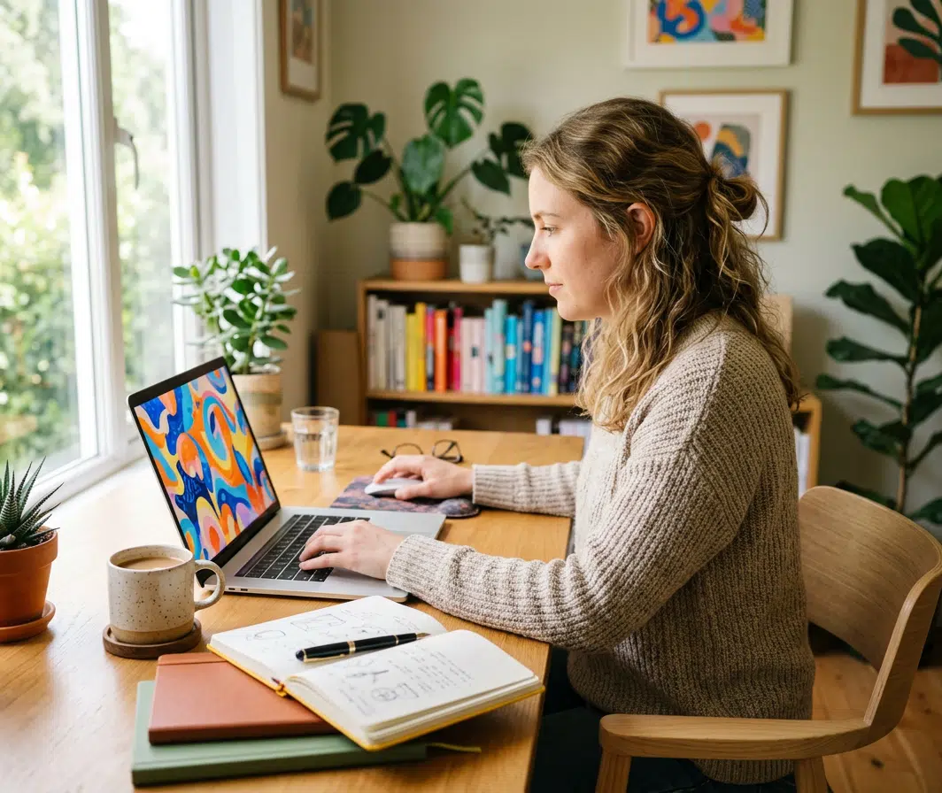 Eine Frau im beigen Strickpullover arbeitet konzentriert an einem Laptop, dessen Bildschirm ein buntes abstraktes Muster in Orange, Blau und Gelb zeigt. Auf dem Holzschreibtisch liegen ein Notizbuch mit Skizzen, ein Stift und eine Kaffeetasse. Im Hintergrund ein helles, kreatives Homeoffice mit Zimmerpflanzen, Bücherregal und bunten Kunstdrucken an der Wand.