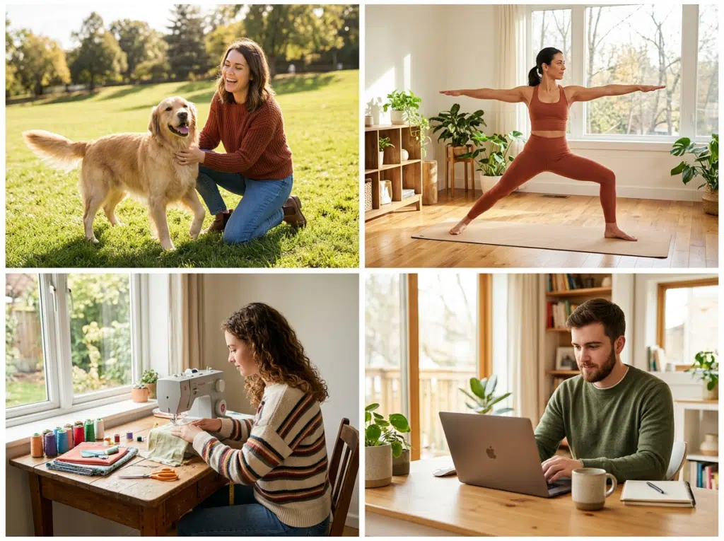 Fotocollage aus vier Szenen: Eine Frau kauert lachend neben einem Golden Retriever auf einer Wiese, eine Frau in Terrakotta-Sportoutfit macht die Krieger-II-Yoga-Pose in einem hellen Wohnzimmer, eine Frau näht konzentriert an einer Nähmaschine mit bunten Garnrollen, und ein Mann arbeitet lächelnd an einem Laptop in einem sonnigen Homeoffice.
