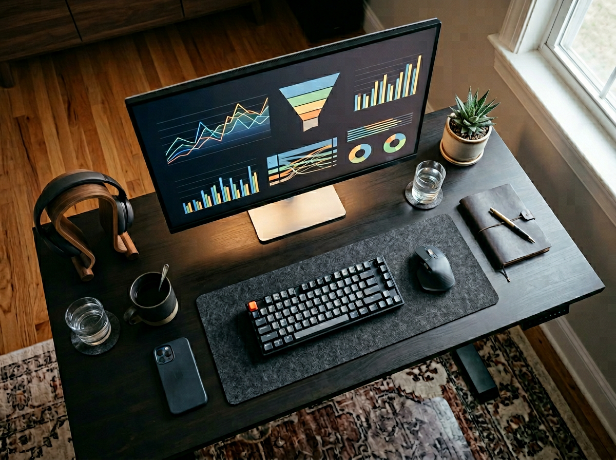 Draufsicht auf einen aufgeräumten, dunklen Holzschreibtisch mit einem großen Monitor, der bunte Analyse-Dashboards mit Liniendiagrammen, Balkendiagrammen, einem Trichter-Chart und Donut-Charts zeigt. Auf dem Schreibtisch befinden sich eine mechanische Tastatur, eine Maus auf einem Filz-Deskpad, ein Smartphone, Kopfhörer auf einem Ständer, eine Kaffeetasse, zwei Wassergläser, ein Leder-Notizbuch mit Stift und eine kleine Sukkulente.