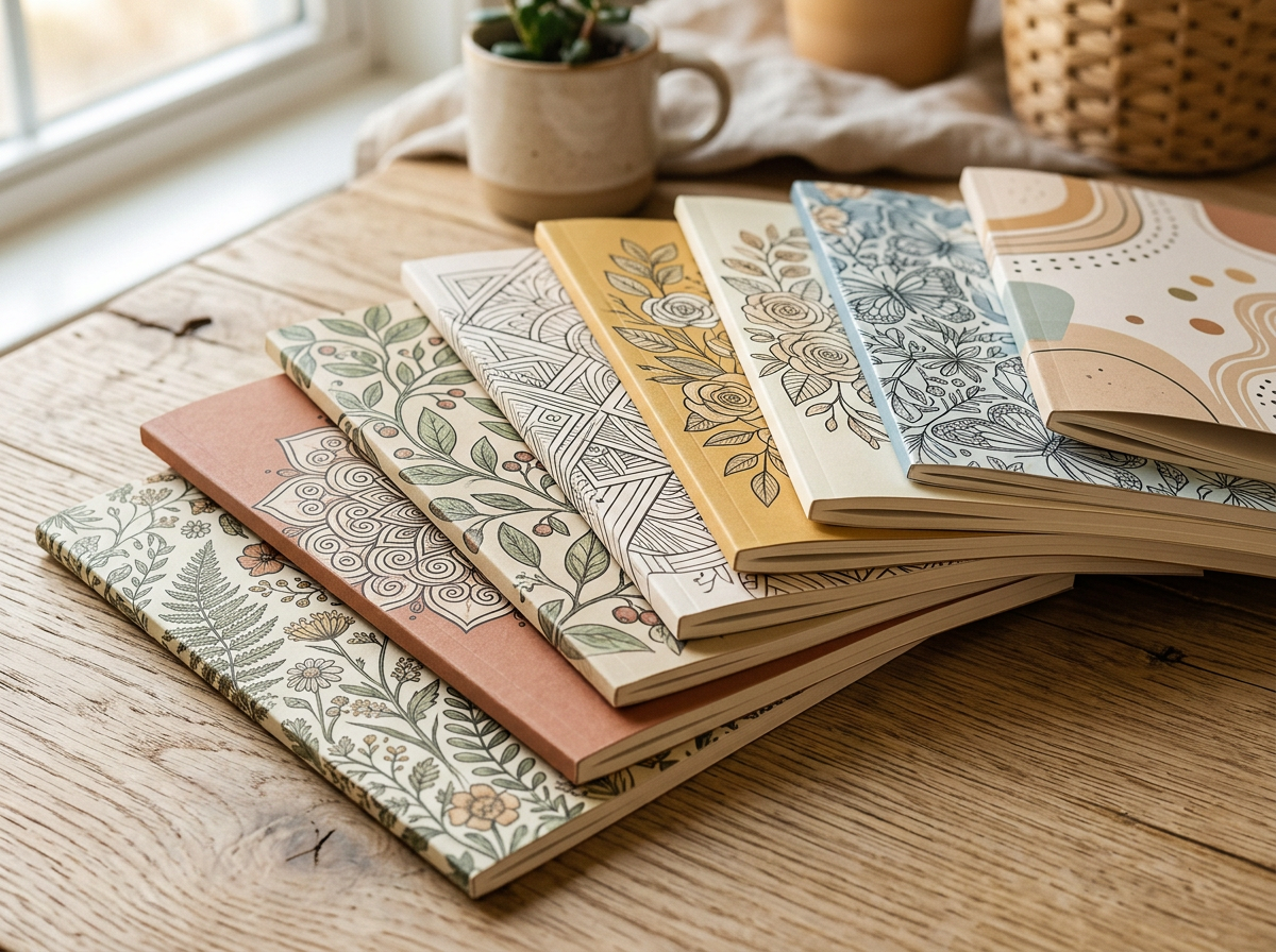 Sechs aufgefächerte Ausmalhefte mit verschiedenen Softcover-Motiven auf einem rustikalen Holztisch – darunter botanische Blumen- und Farnmuster, Mandalas, Rosen und abstrakte Formen in gedeckten Erdtönen wie Terrakotta, Gelb, Hellblau und Creme. Im Hintergrund eine Keramiktasse mit Pflanze und ein Korb am Fenster.
