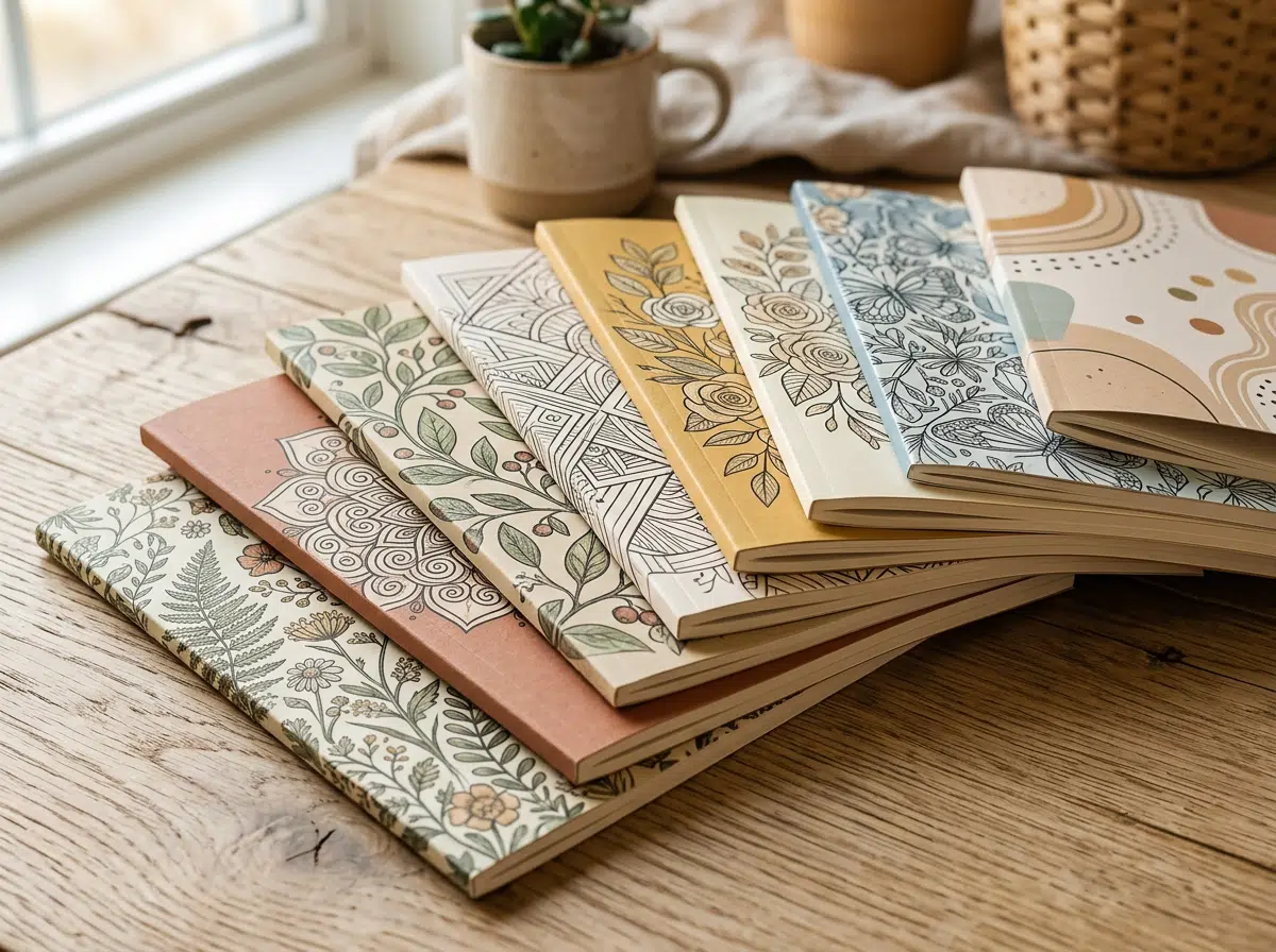 Sechs aufgefächerte Ausmalhefte mit verschiedenen Softcover-Motiven auf einem rustikalen Holztisch – darunter botanische Blumen- und Farnmuster, Mandalas, Rosen und abstrakte Formen in gedeckten Erdtönen wie Terrakotta, Gelb, Hellblau und Creme. Im Hintergrund eine Keramiktasse mit Pflanze und ein Korb am Fenster.