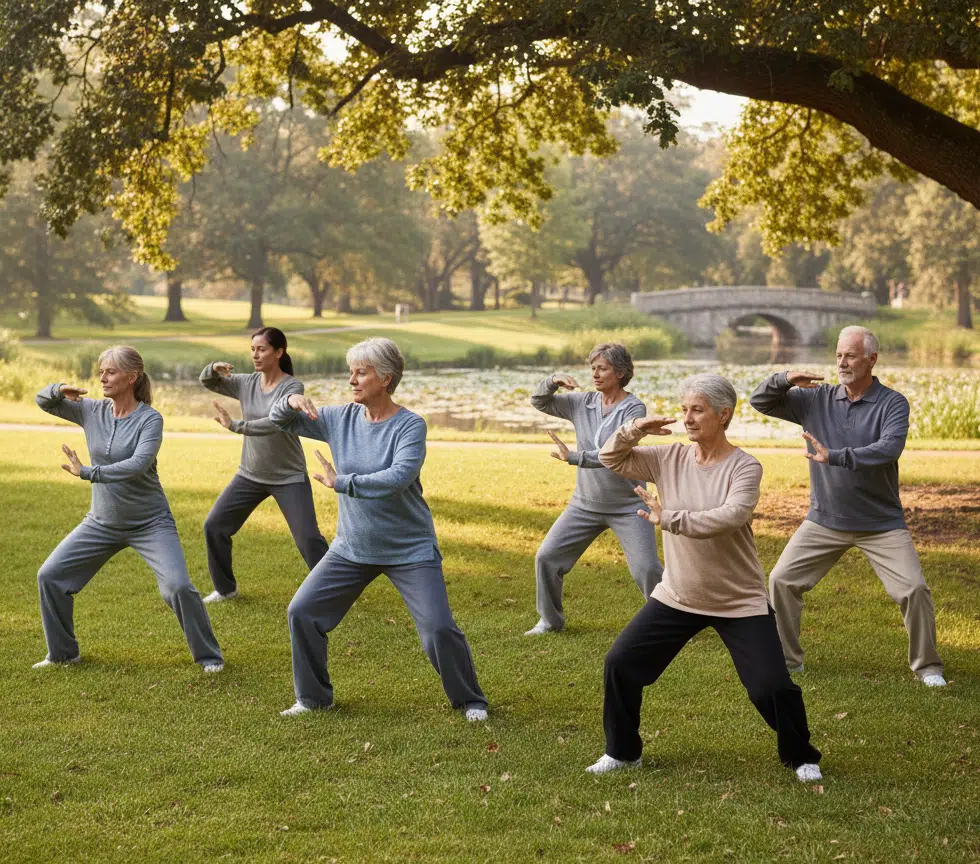 Eine Gruppe von fünf älteren und einer jüngeren Person praktiziert synchron Tai-Chi auf einer Rasenfläche in einem Park. Alle stehen in leichter Grätsche mit ausgestreckten Armen in typischer Tai-Chi-Haltung. Im Hintergrund ein großer Laubbaum, ein Teich mit Seerosen und eine Steinbrücke im warmen Morgenlicht.