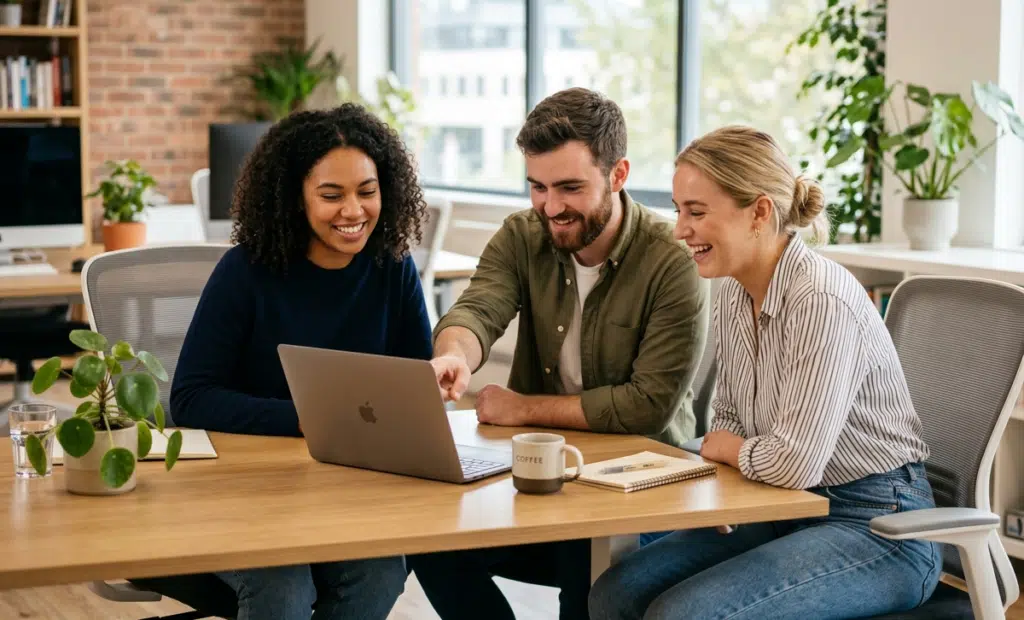 Drei lächelnde junge Erwachsene sitzen gemeinsam an einem Holztisch in einem modernen Büro mit Backsteinwand und Zimmerpflanzen. Ein Mann zeigt auf einen Laptop-Bildschirm, die beiden Frauen schauen lachend mit. Auf dem Tisch stehen eine Kaffeetasse und ein Notizbuch.