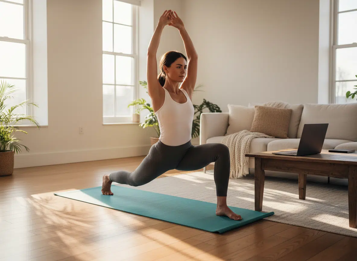 Eine Frau in weißem Top und grauen Leggings führt auf einer türkisfarbenen Yogamatte eine Ausfallschritt-Pose mit erhobenen Armen aus. Sie trainiert in einem hellen Wohnzimmer mit Holzboden, Sofa und Zimmerpflanzen – auf einem Couchtisch daneben steht ein geöffnetes Laptop.