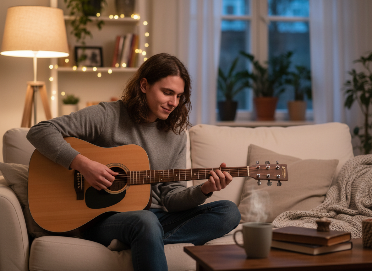 Junger Mensch mit langen braunen Haaren und grauem Pullover sitzt im Schneidersitz auf einem Sofa und spielt konzentriert Westerngitarre. Im Hintergrund ein gemütliches Wohnzimmer mit Stehlampe, Lichterkette, Zimmerpflanzen und Büchern im Abenddämmerlicht.