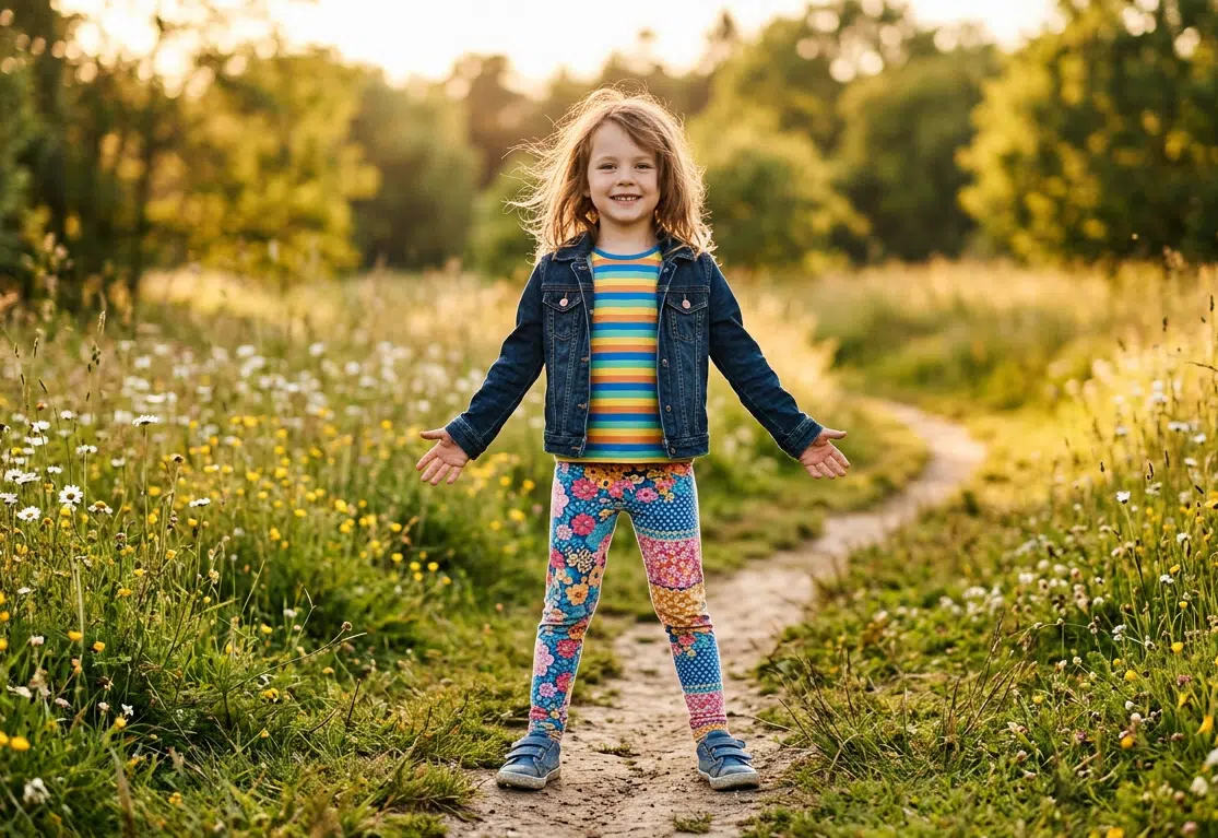 Ein kleines Mädchen in buntem Ringelshirt, Jeansjacke und gemusterten Leggings steht selbstbewusst lächelnd mit leicht ausgebreiteten Armen auf einem Wiesenpfad. Im Hintergrund eine blühende Sommerwiese mit Gänseblümchen und Butterblumen im goldenen Abendlicht.