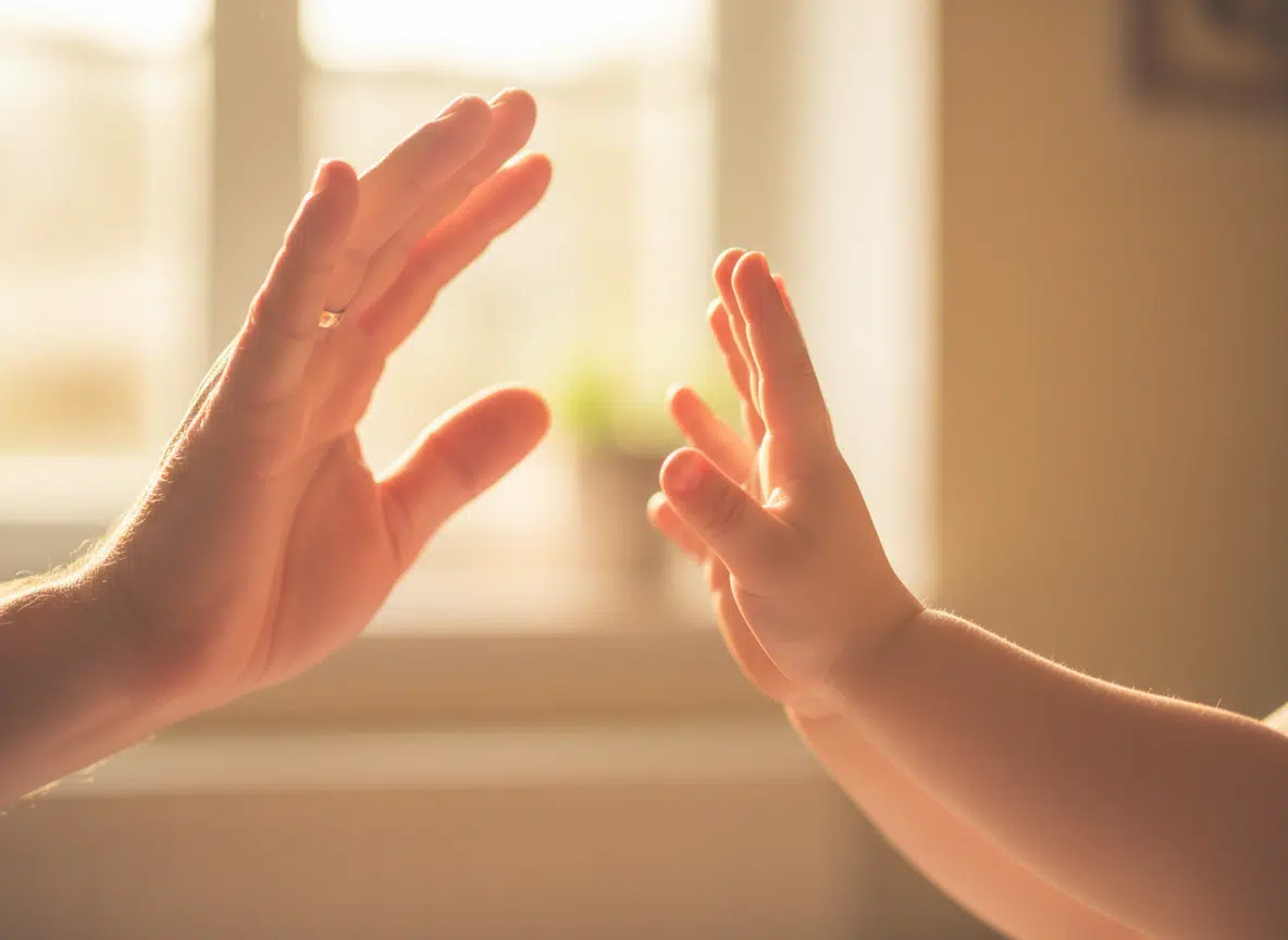 Nahaufnahme zweier Hände im warmen Gegenlicht – eine große Erwachsenenhand mit Ring spiegelt eine kleine Kinderhand, die Handflächen einander zugewandt ohne sich zu berühren. Der Hintergrund ist weich unscharf in warmem Goldton.