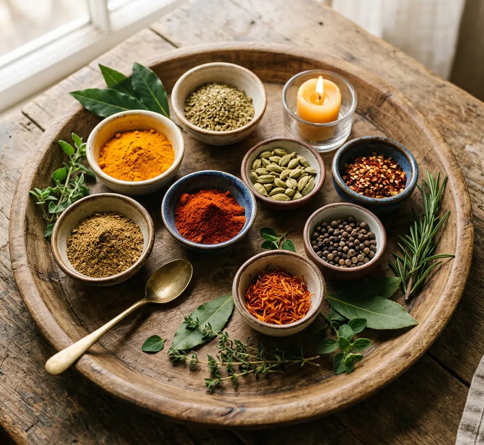 Ein rustikales Holztablett mit acht kleinen Keramikschälchen gefüllt mit bunten Gewürzen – Kurkuma, Paprika, Koriander, Kardamom, Chiliflocken, schwarzem Pfeffer, Safranfäden und Currypulver. Dazwischen frische Kräuterzweige, Lorbeerblätter und ein brennendes Teelicht. Ein Messinglöffel liegt auf dem Tablett.