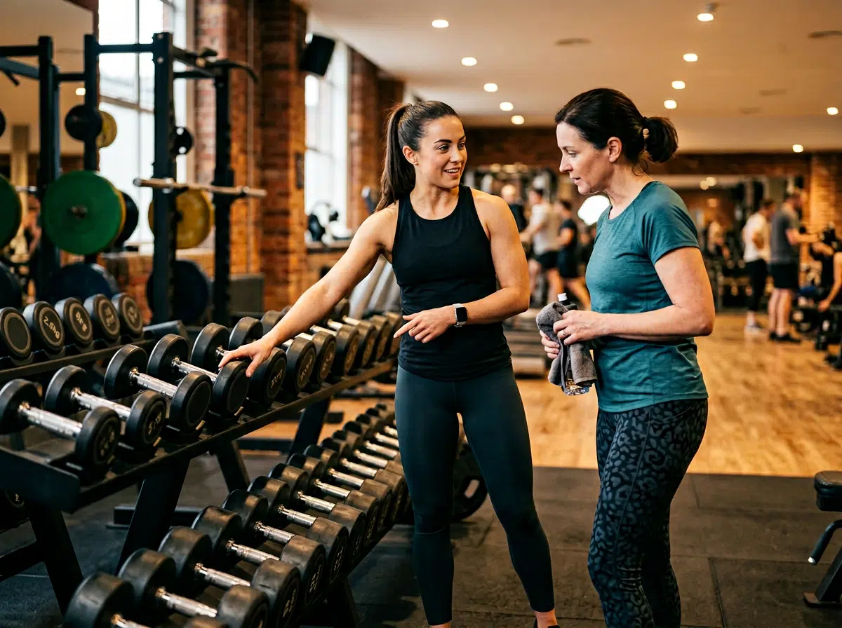 Eine Fitnesstrainerin im schwarzen Tanktop zeigt ihrer Kundin im türkisfarbenen T-Shirt ein Kurzhantelregal in einem modernen Gym mit Backsteinwänden. Beide schauen auf die Hanteln und wirken im Gespräch. Im Hintergrund ein belebtes Fitnessstudio mit weiteren Trainierenden.