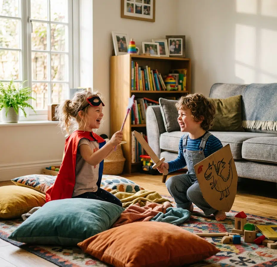 Zwei lachende Kinder spielen Rollenspiel auf dem Boden eines hellen Wohnzimmers – ein Mädchen mit rotem Umhang und Maske hält einen Zauberstab, ein Junge hält ein Holzschwert und einen selbstgebastelten Pappschild mit Drachen-Zeichnung. Drumherum bunte Kissen und Decken.