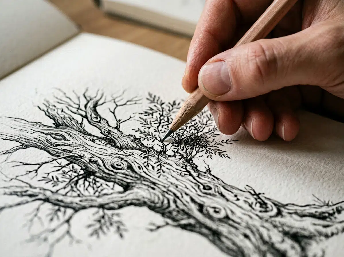 Nahaufnahme einer Hand, die mit einem Bleistift filigrane Details in eine detailreiche Schwarzweiß-Zeichnung eines knorrigen, alten Baumstamms mit Ästen und kleinen Blättern auf weißem Papier zeichnet.