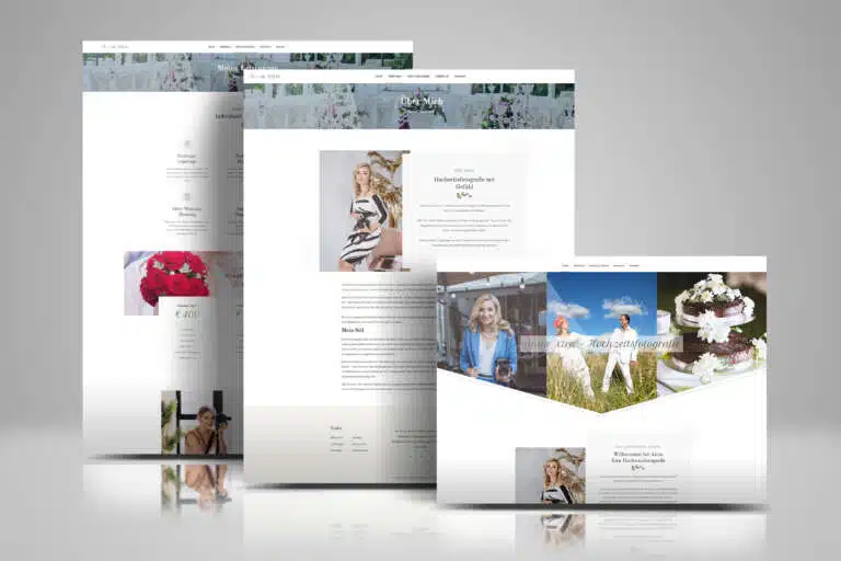 Drei überlappend angeordnete Website-Screens der Hochzeitsfotografin „Anna Xtra" auf hellgrauem Hintergrund, in Weiß und zartem Mintgrün. Zu sehen sind eine Leistungsübersicht mit Paketen und Preisen, eine „Über mich"-Seite mit Porträtfoto der Fotografin sowie der Hero-Bereich mit einer Bildcollage aus Hochzeitsfotos und dem Schriftzug „Anna Xtra – Hochzeitsfotografie".