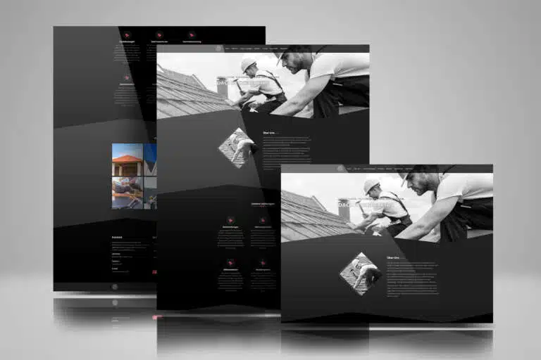 Drei überlappend angeordnete Website-Screens der „Dachdeckerei Xtra" auf hellgrauem Hintergrund, in Schwarz und Dunkelgrau mit roten Akzenten. Zu sehen sind eine Leistungsübersicht mit Icons (Dachdeckungen, Dachreparaturen, Dämmarbeiten, Bauklempmerei), ein „Über uns"-Abschnitt sowie der Hero-Bereich mit einem schwarz-weißen Foto zweier Dachdecker bei der Arbeit auf einem Dach.