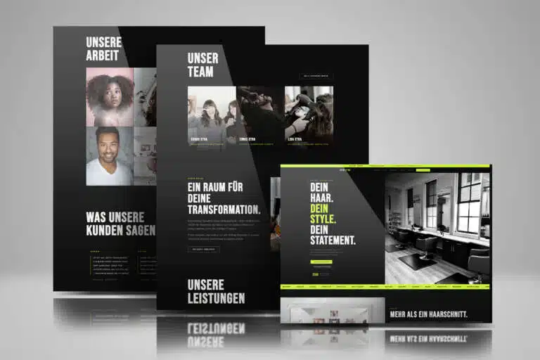 Drei überlappend angeordnete Website-Screens des Friseursalons „Noir Xtra" auf hellgrauem Hintergrund. Das Design ist dunkel in Schwarz und Anthrazit mit weißer und neongelber Typografie. Zu sehen sind Abschnitte mit Kunden- und Teamfotos, Salonbeschreibung sowie der Hero-Headline „Dein Haar. Dein Style. Dein Statement." mit schwarz-weißem Foto des Saloninnenraums.