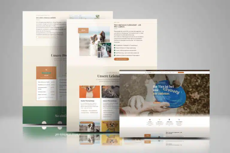 Drei überlappend angeordnete Website-Screens der Tierbetreuung „Pfotenzauber Xtra" auf hellgrauem Hintergrund. Das Design ist warm gehalten in Cremeweiß, Dunkelgrün und Terrakotta. Die Screens zeigen Abschnitte über Räumlichkeiten, ein „Über uns"-Bereich mit Gründungsjahr 2011 und Fotos eines Hundes und einer Katze, eine Leistungsübersicht mit Preistabelle sowie den Hero-Bereich mit der Headline „Ihr Tier ist bei uns wie zuhause" und einem Foto einer menschlichen Hand, die eine Hundepfote hält.