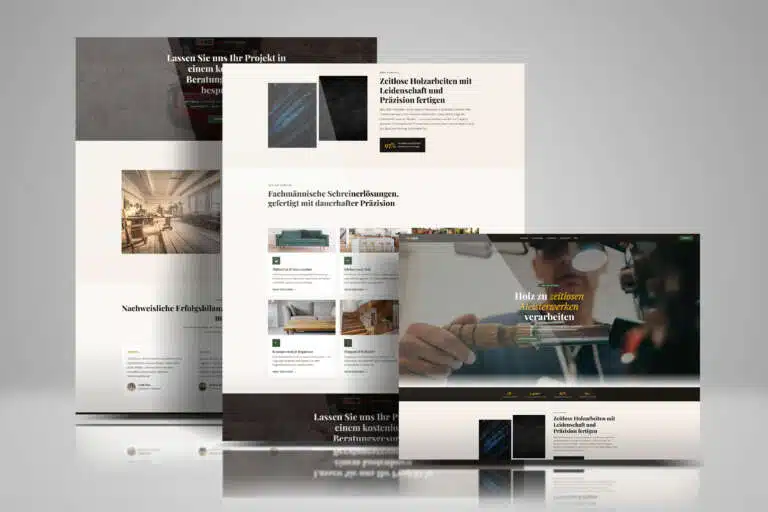 Drei überlappend angeordnete Website-Screens der Tischlerei „Xtra Holz" auf hellgrauem Hintergrund, in Cremeweiß, Dunkelbraun und Olivgrün. Zu sehen sind eine Leistungsübersicht mit Möbel- und Treppenfotos, Kundenstimmen und der Hero-Headline „Holz zu zeitlosen Meisterwerken verarbeiten" mit Handwerker-Nahaufnahme.