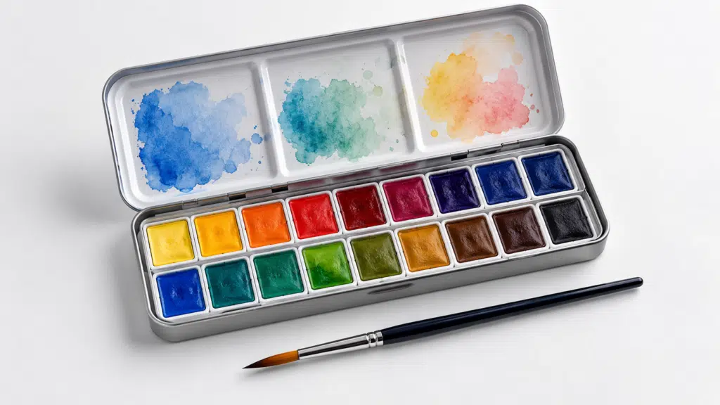 Metal watercolor paint set open with a row of colorful pans and a brush lying beside it on white surface, showing blue, green, and yellow hues behind the lid art.